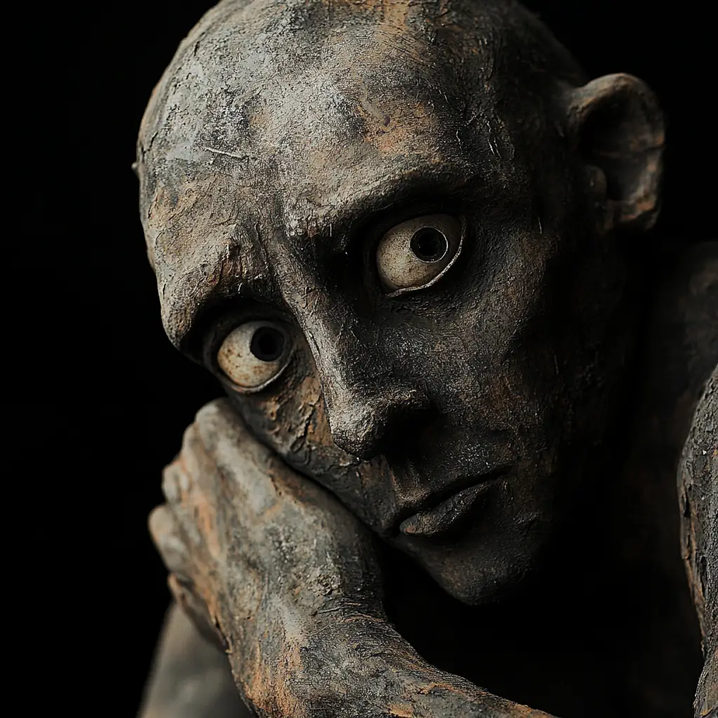 Classical golem with empty eyes in dark expressionist style