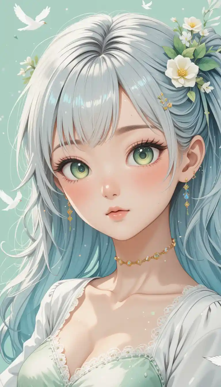 Cute silver haired anime girl with green eyes portrait