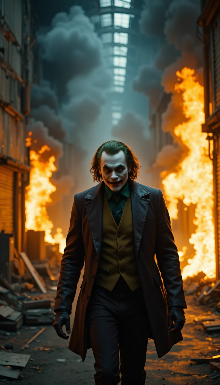 Man Walking From A Burning Warehouse With Wild Smile
