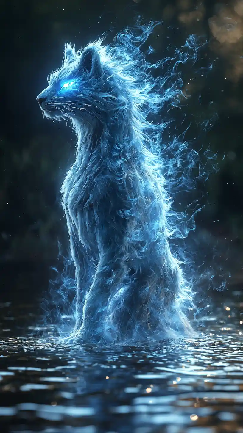 Blue energy elemental emerging from dark swamp water