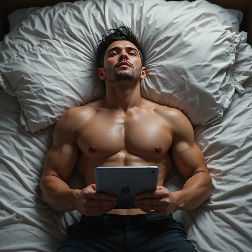 Muscular young man lying on a bed facing upward