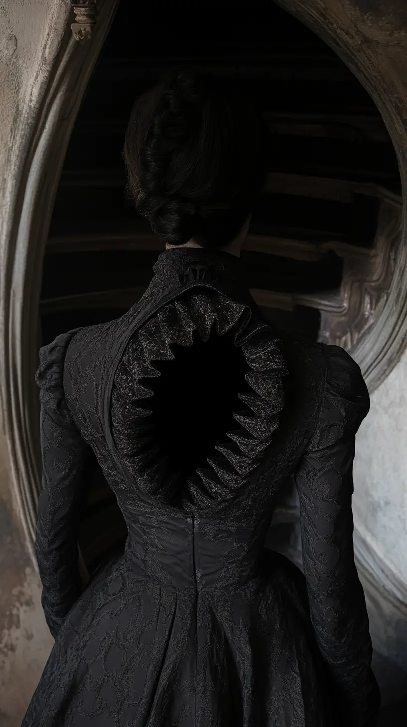 Surreal couture figure with stairway hidden in collarbone