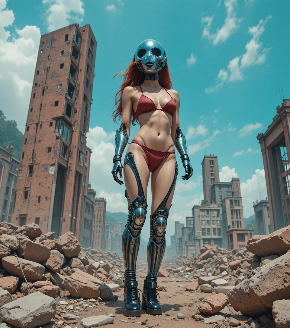 Cyberpunk woman in armor sitting in ruined sci fi city