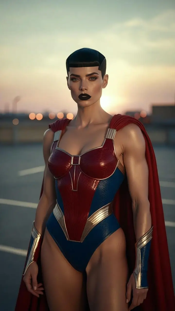 Powerful fashion heroine in cape at urban parking lot