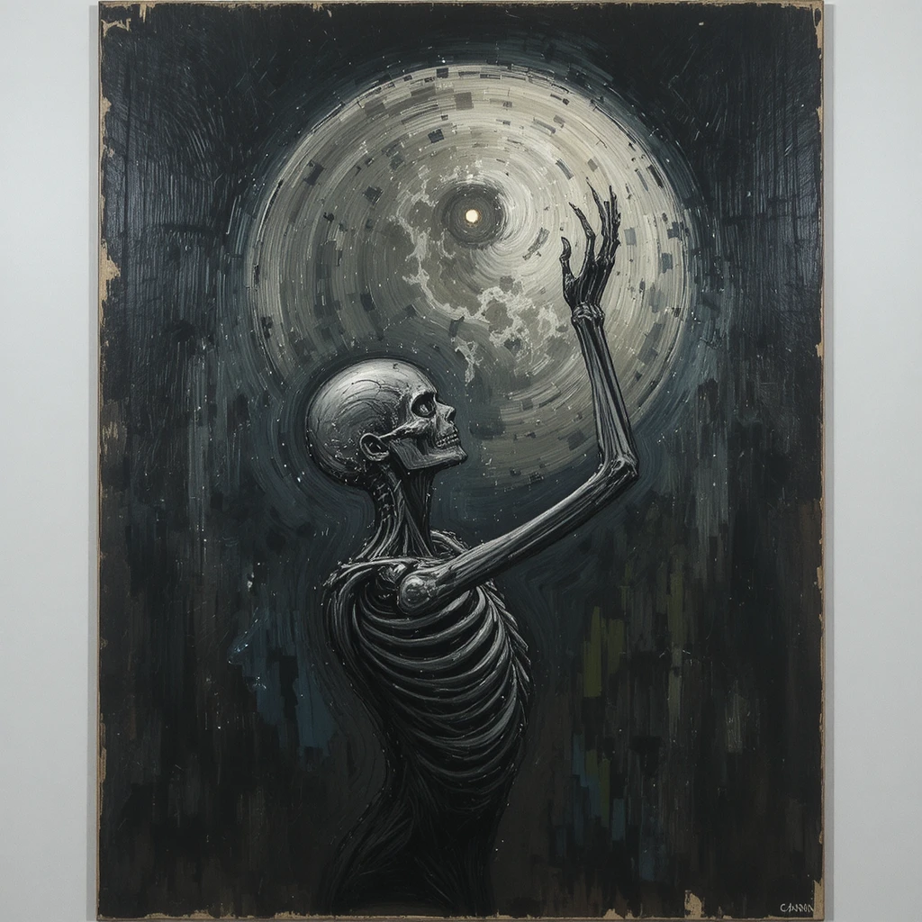 Figura scheletrica contorta che si protende verso una luna deformata