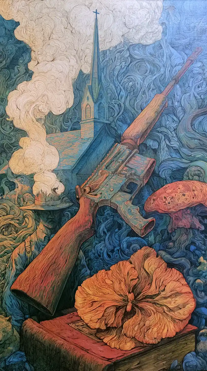 Man in church clothes holding a rifle in prayer