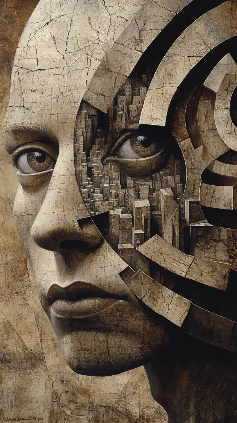 Surreal close up portrait revealing a maze like city within