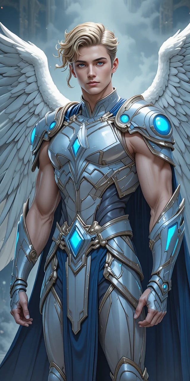 Winged anime warrior in silver and white divine armor