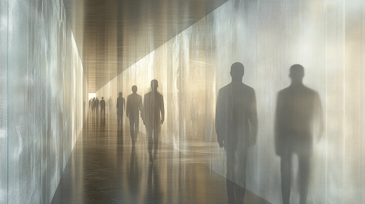 Layered corridor with ghosted human figures in motion