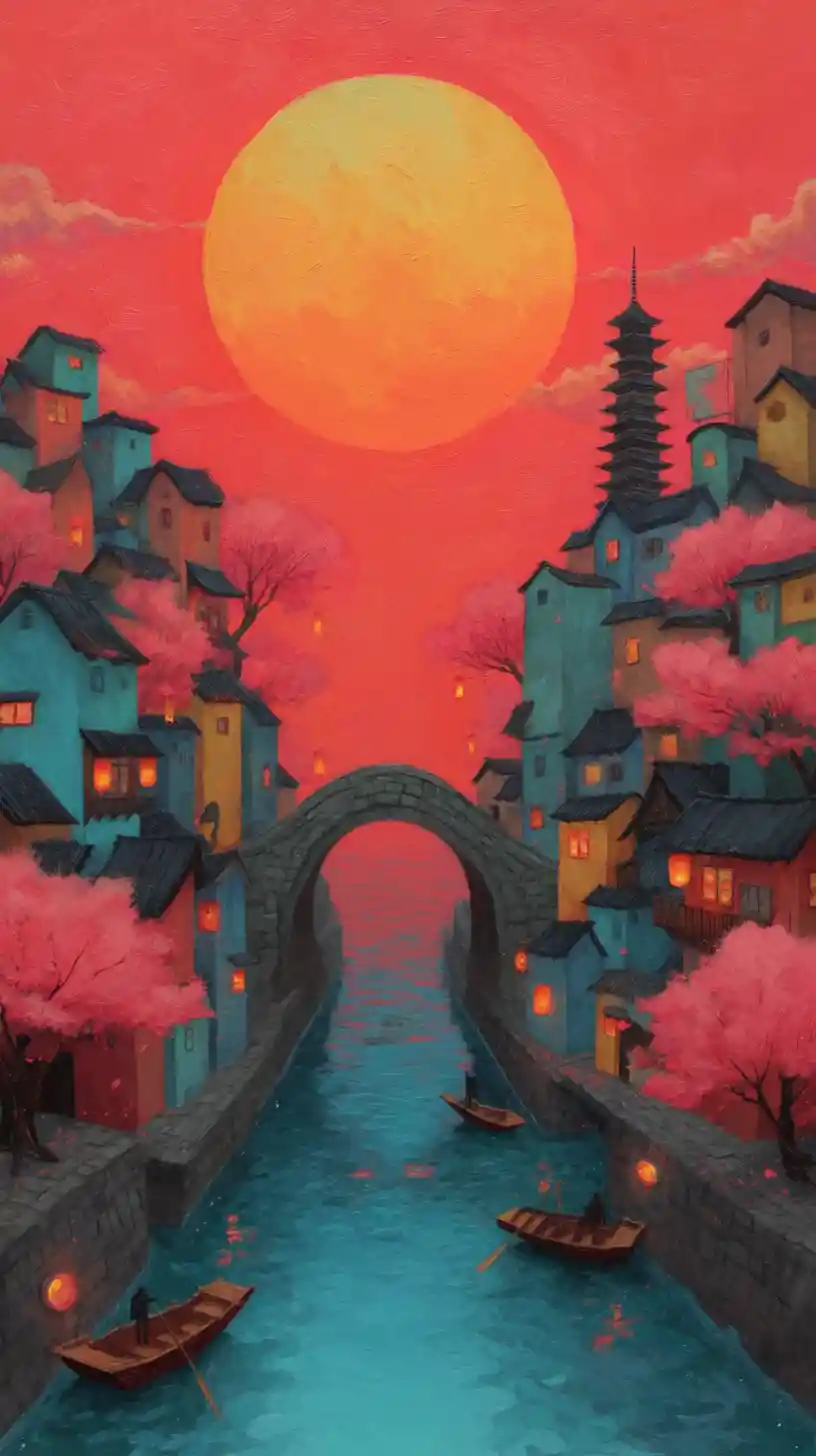 Ancient canal town at sunset with pagoda and boats