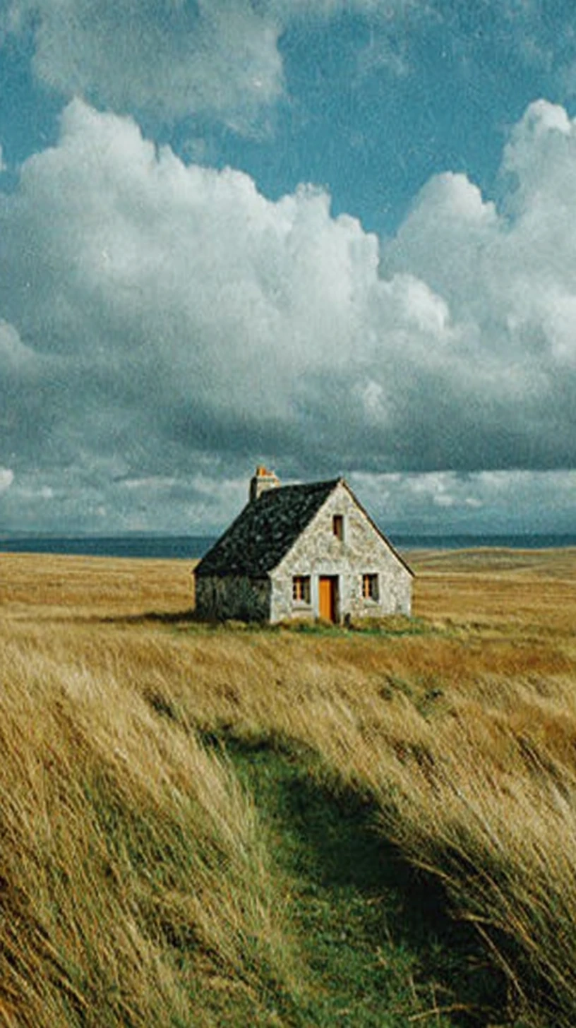 Foggy Scottish meadow with an abandoned stone chapel