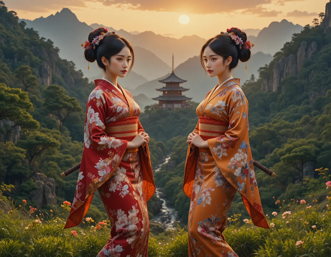 Japanese warrior women in kimonos at sunset forest