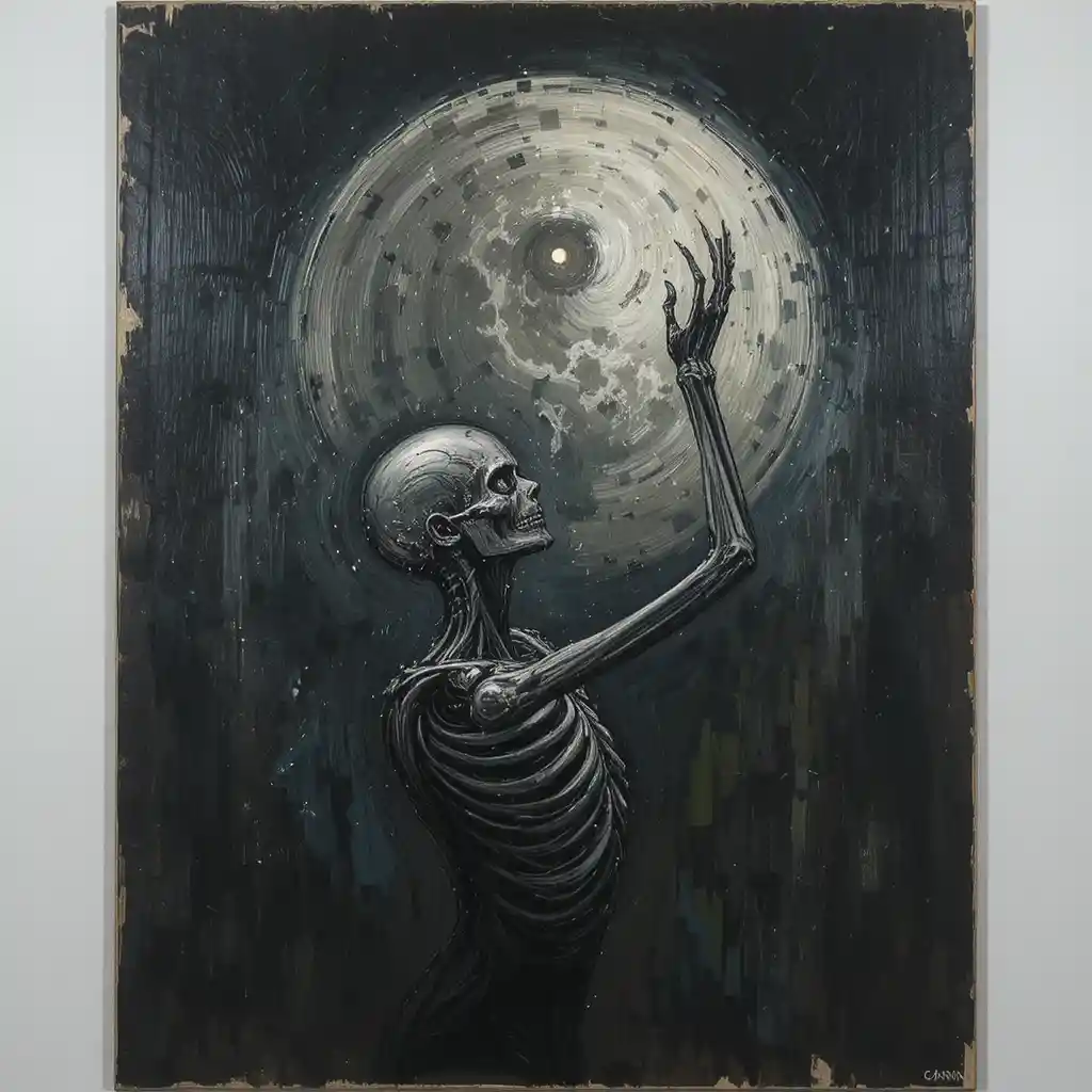 Twisted skeletal figure reaching toward a warped moon