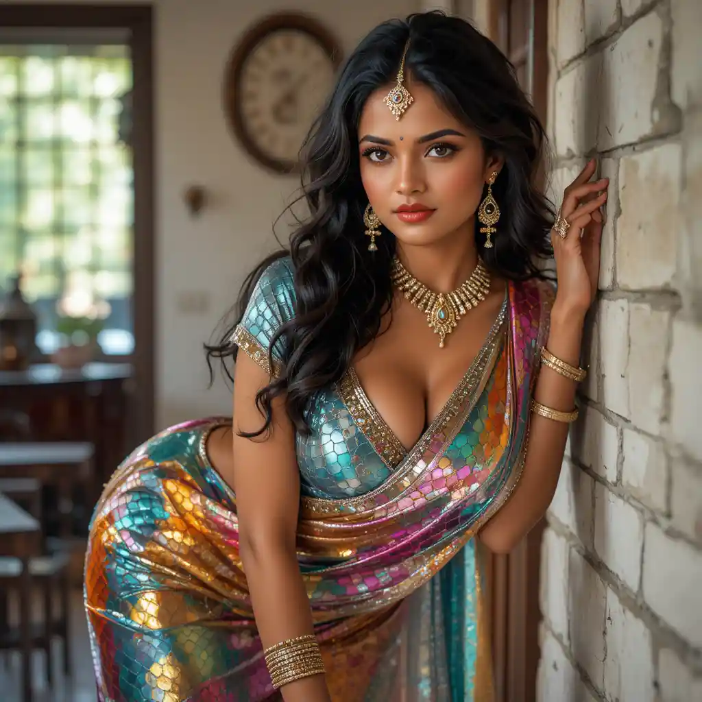 Indian woman in glossy saree bending in traditional room
