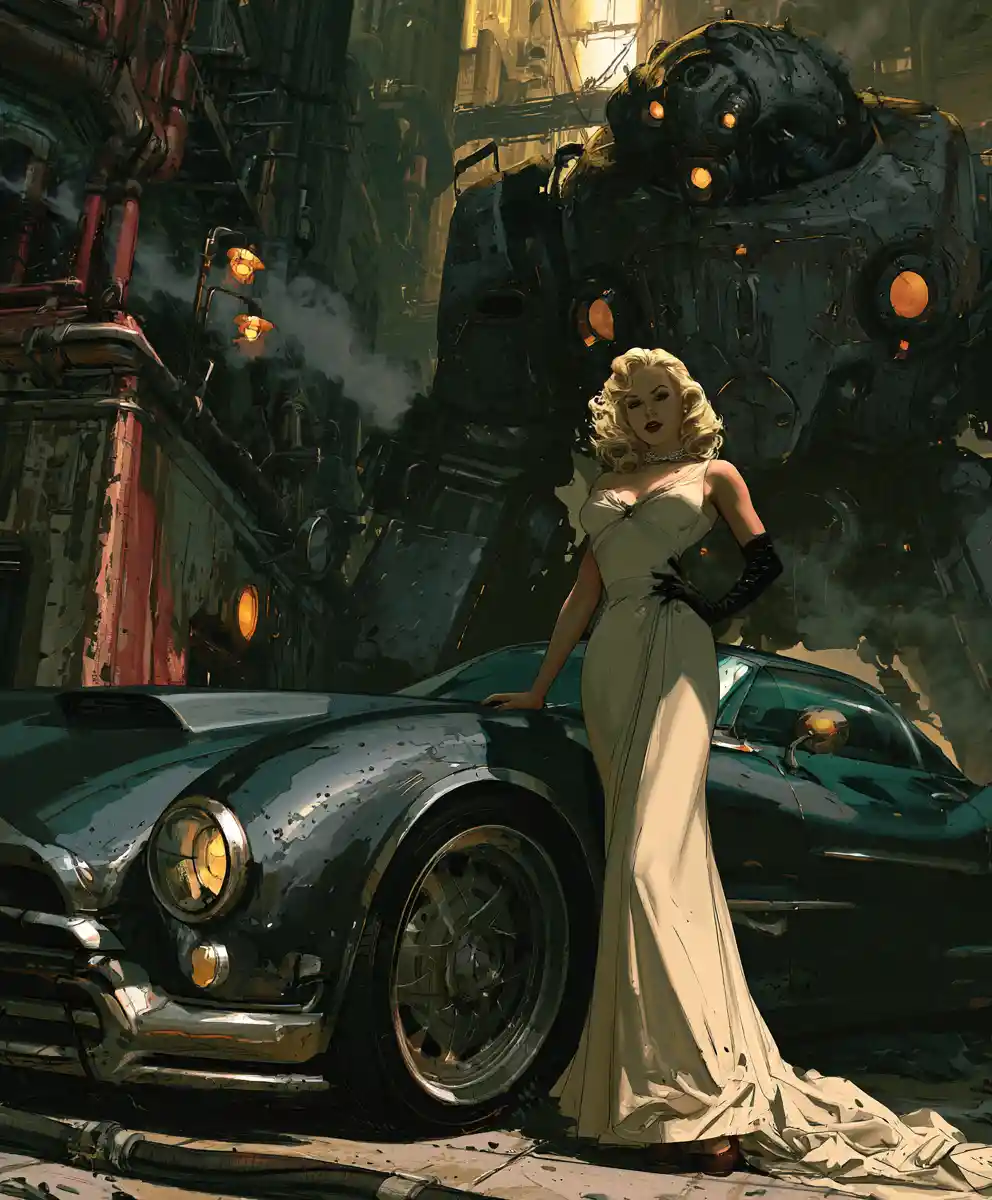Blonde femme fatale in a dystopian futuristic city