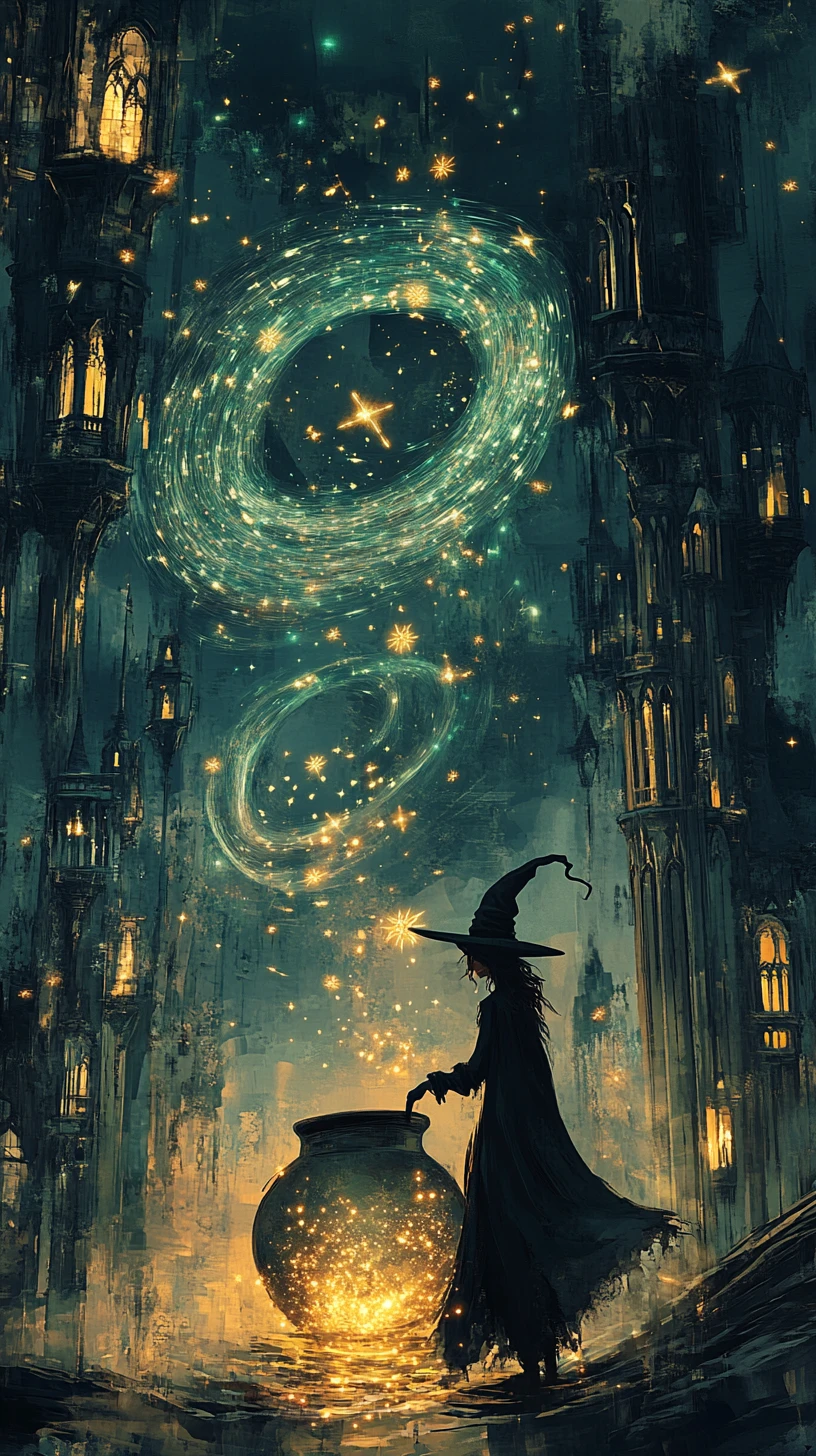Crooked witch stirring a star filled cauldron at night
