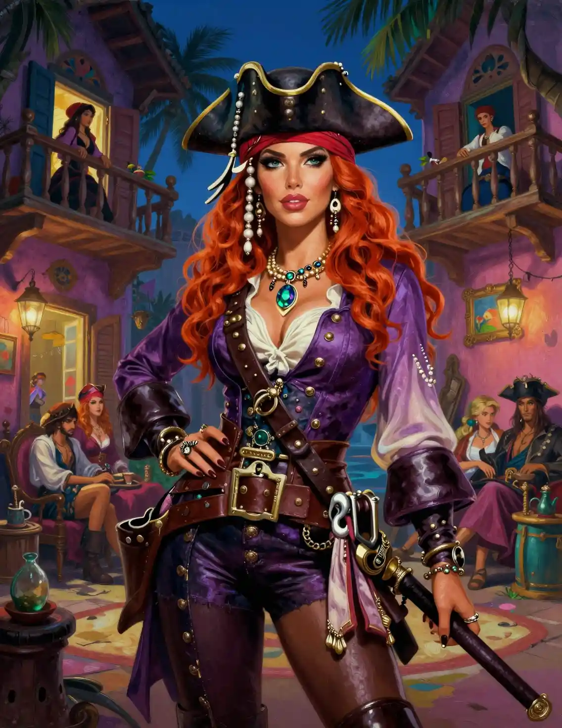Red haired pirate woman posing in a tropical inn room