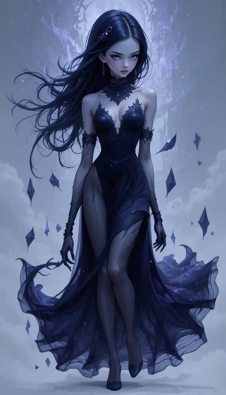 Ethereal anime ghost girl wrapped in living shadows