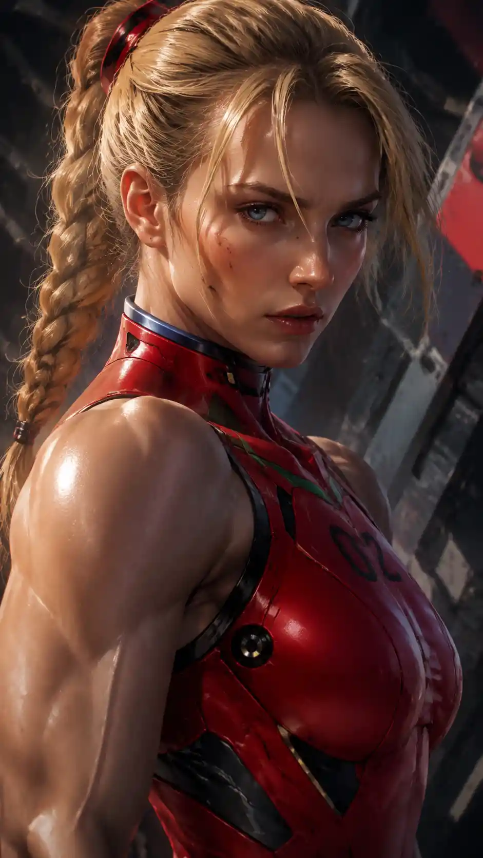 Anime girl portrait in futuristic plugsuit with defined muscles