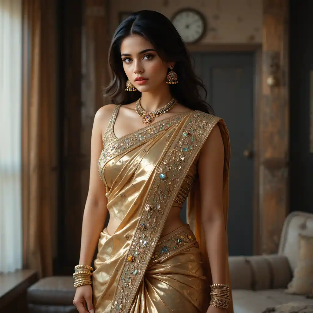 Woman in Indian saree with jewelry and seductive gaze