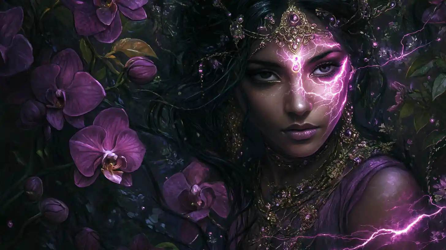 Mystical fairy woman fused with a dark orchid garden