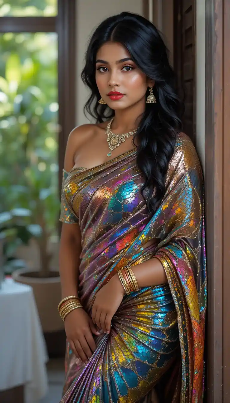 Indian woman in glossy saree bending at the waist indoors