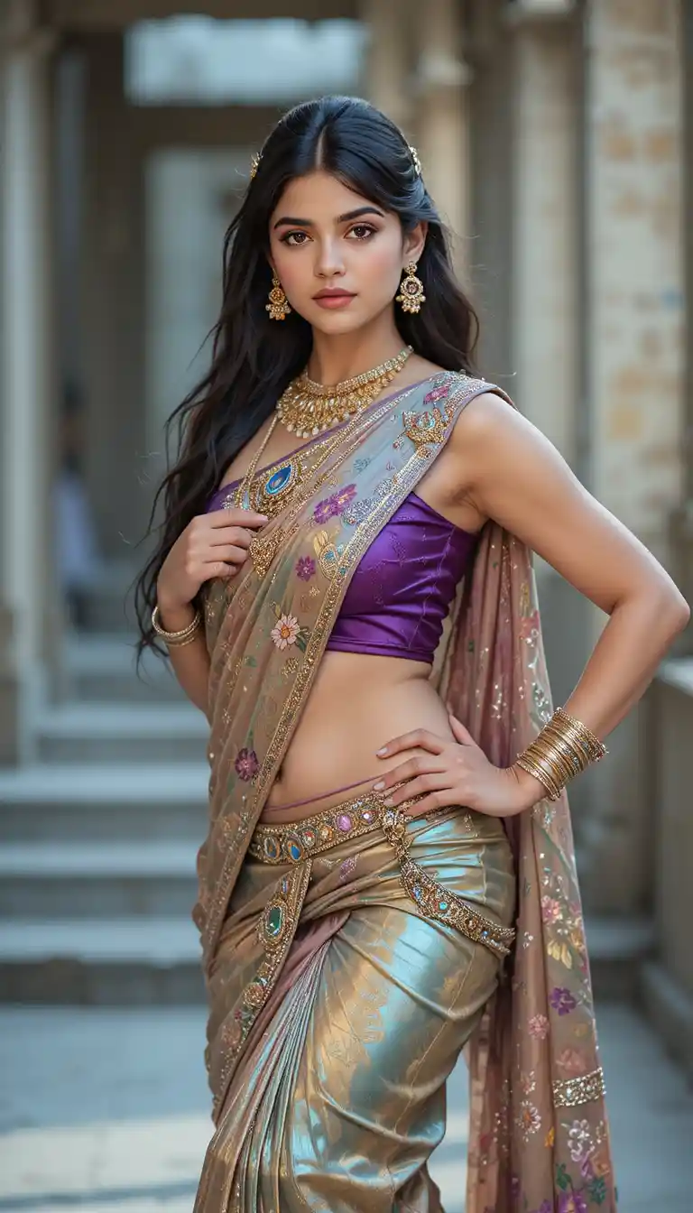 Full body woman in Indian saree with visible navel