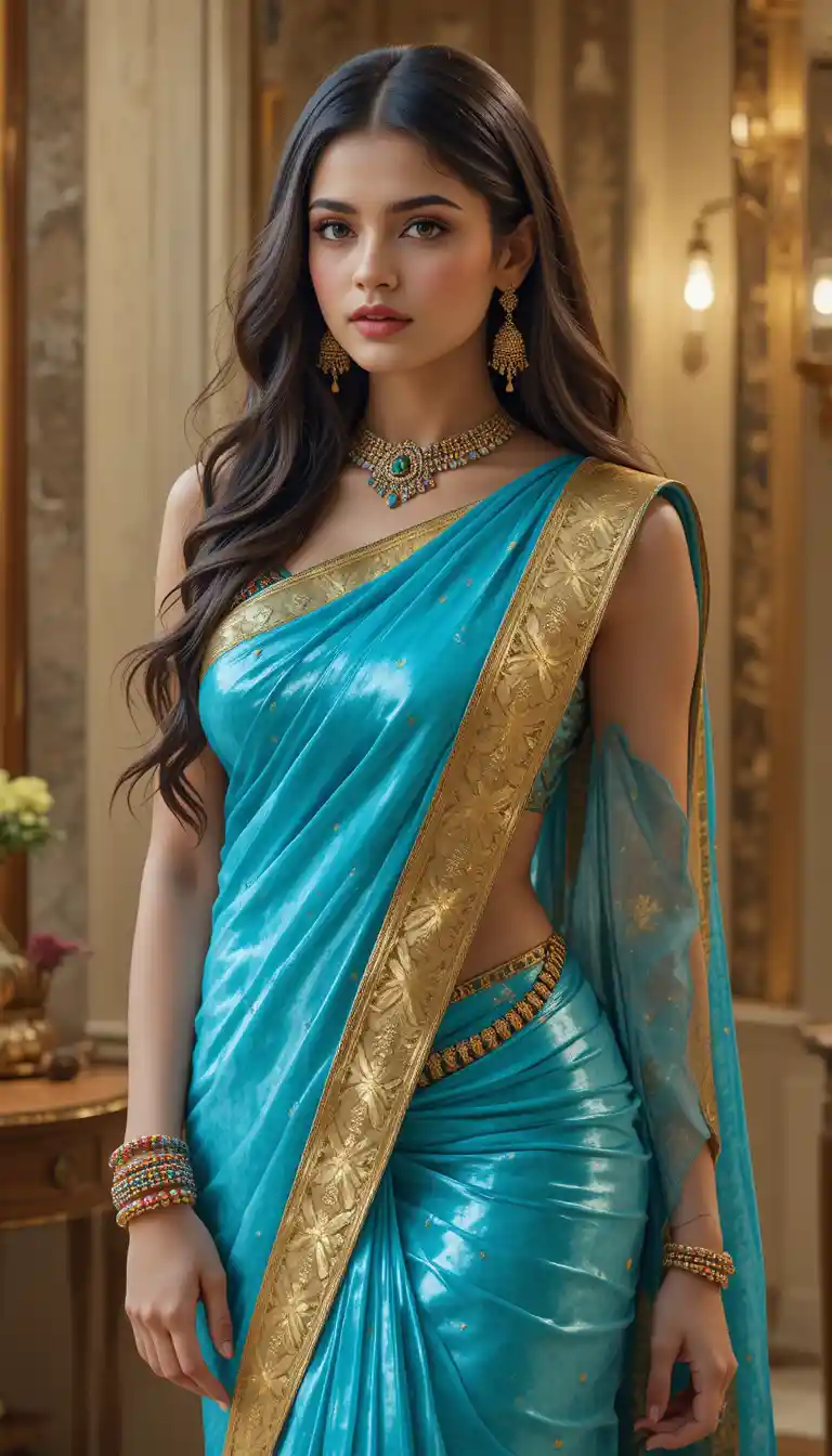 Full body woman in glossy Indian saree with jewelry
