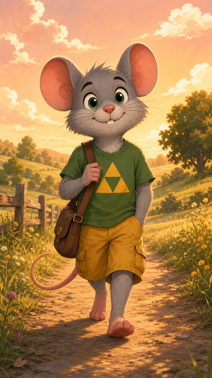 Cute cartoon mouse walking along a sunny country path