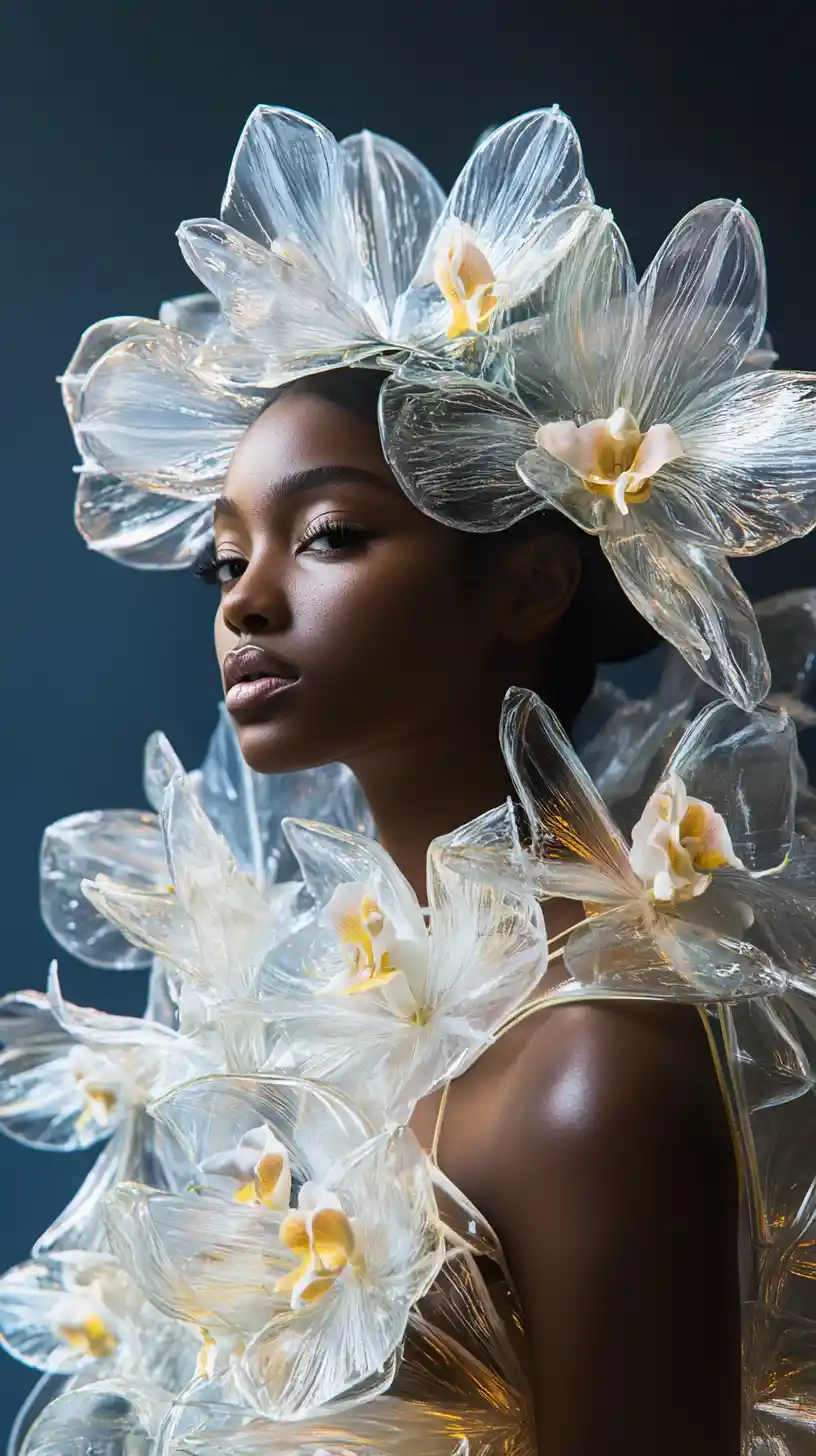 Confident ebony model in avant garde crystalline fashion