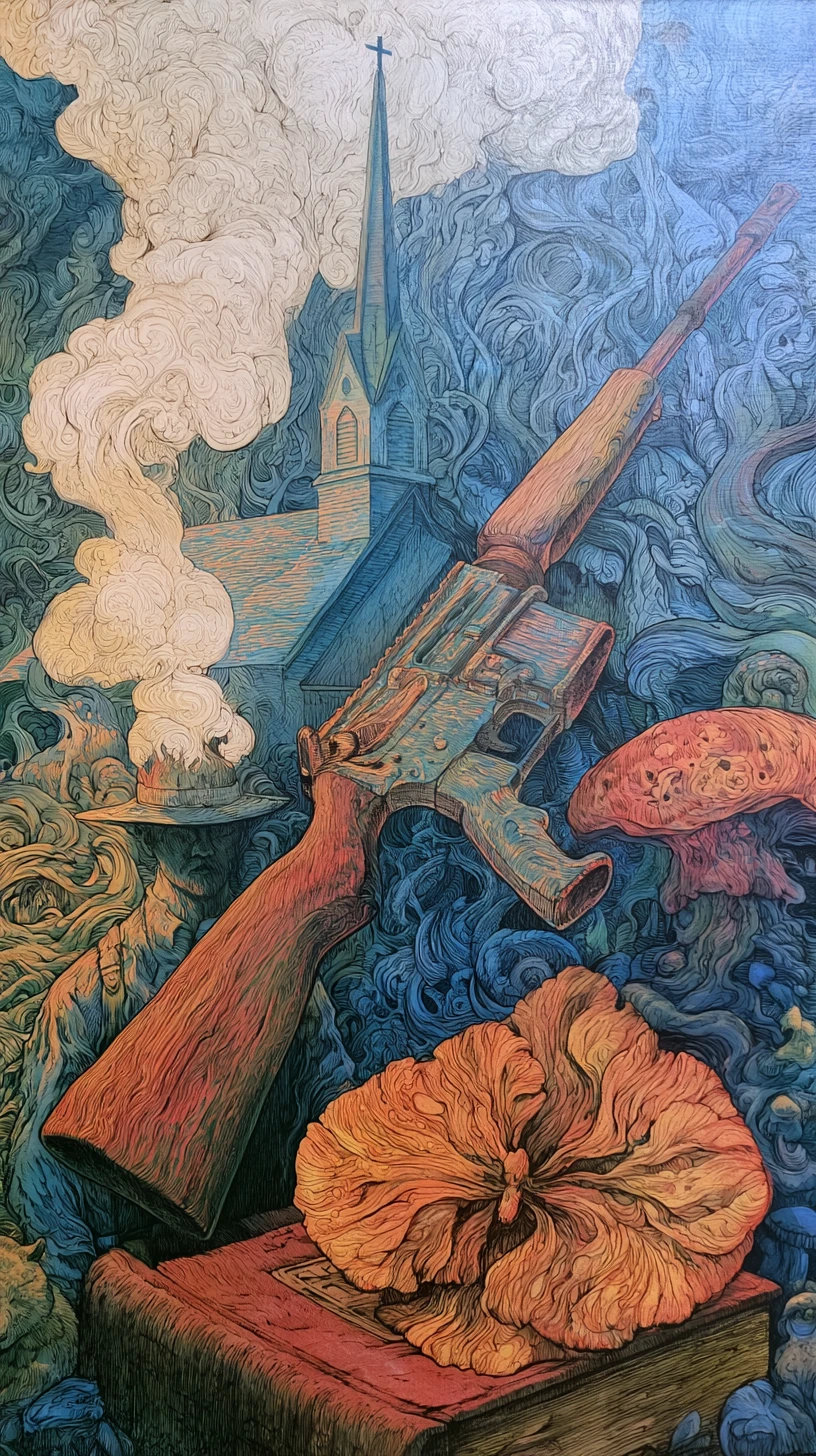 Man in church clothes holding a rifle in prayer
