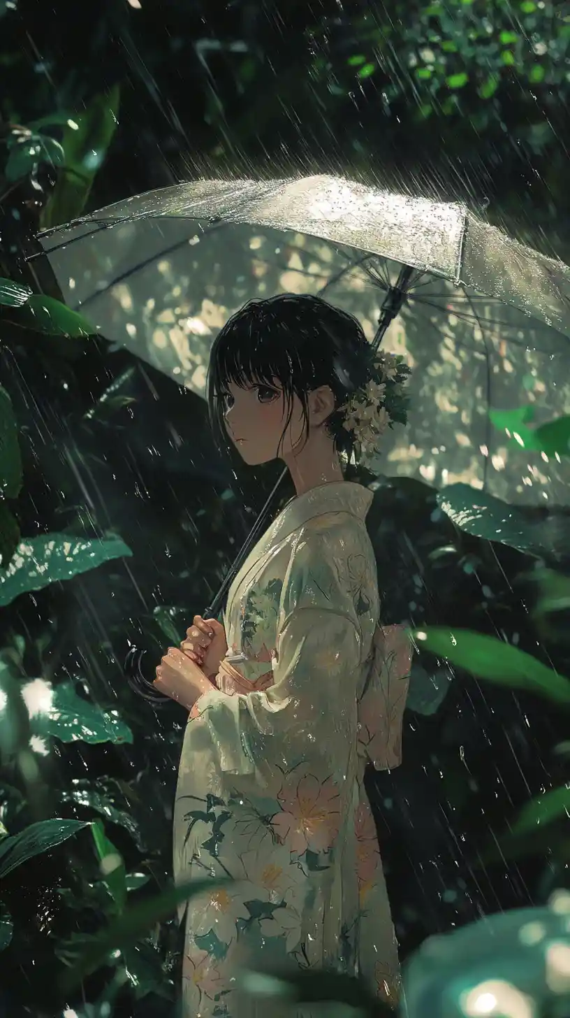 Anime girl in kimono with umbrella in tropical rain