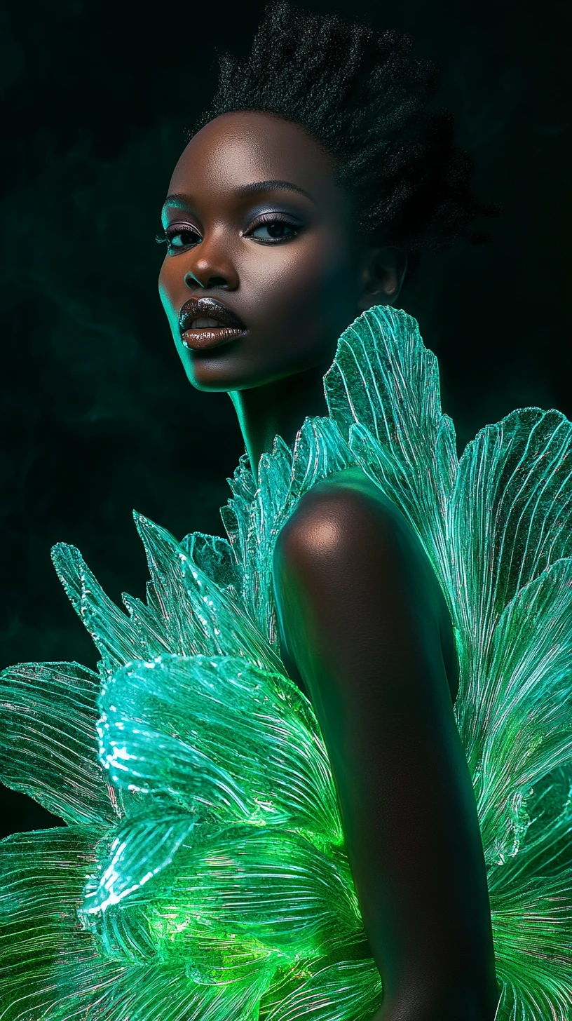 Confident ebony model in avant garde crystalline couture