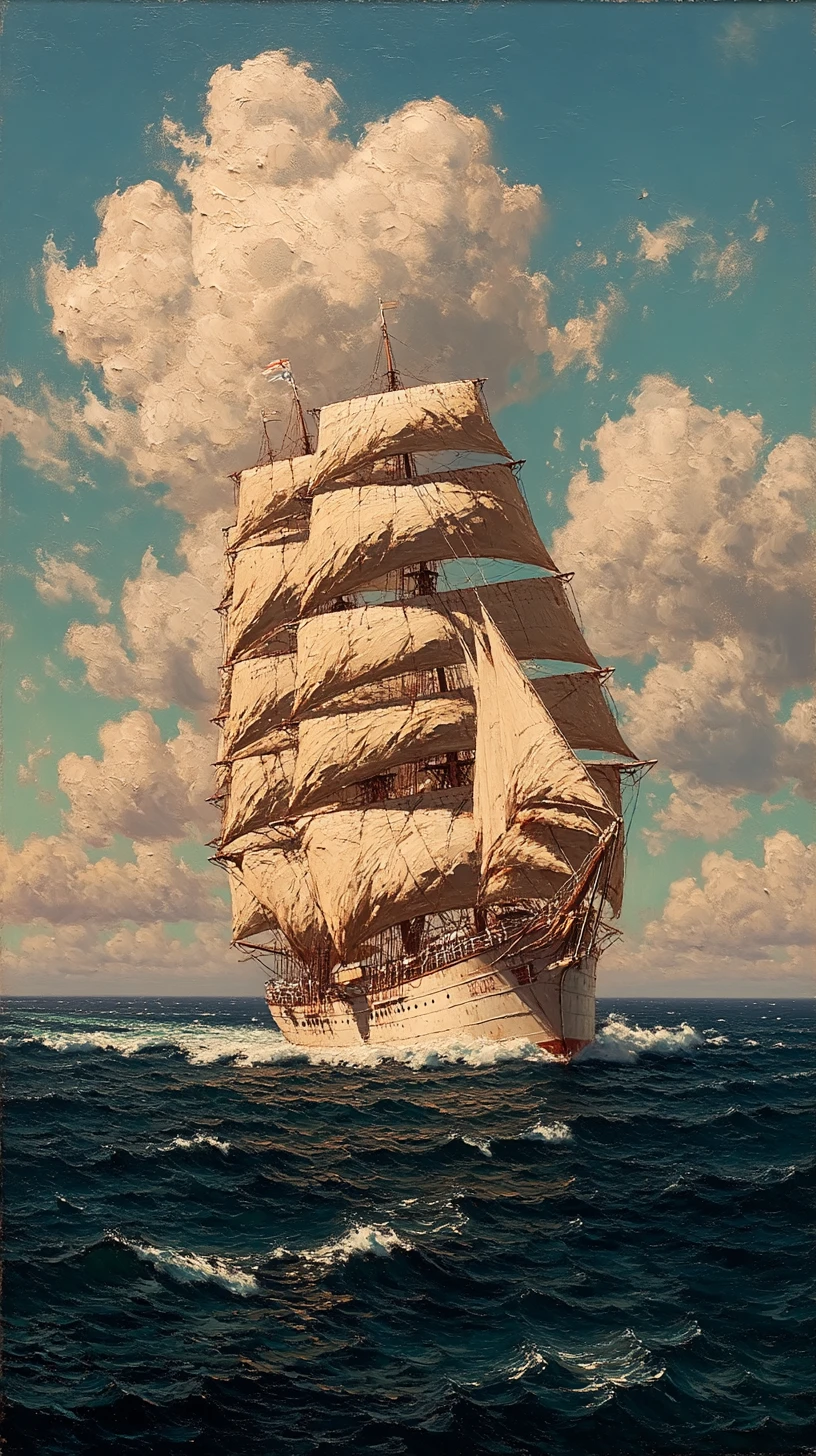 Tall sailing ship crossing turbulent sea under dramatic sky