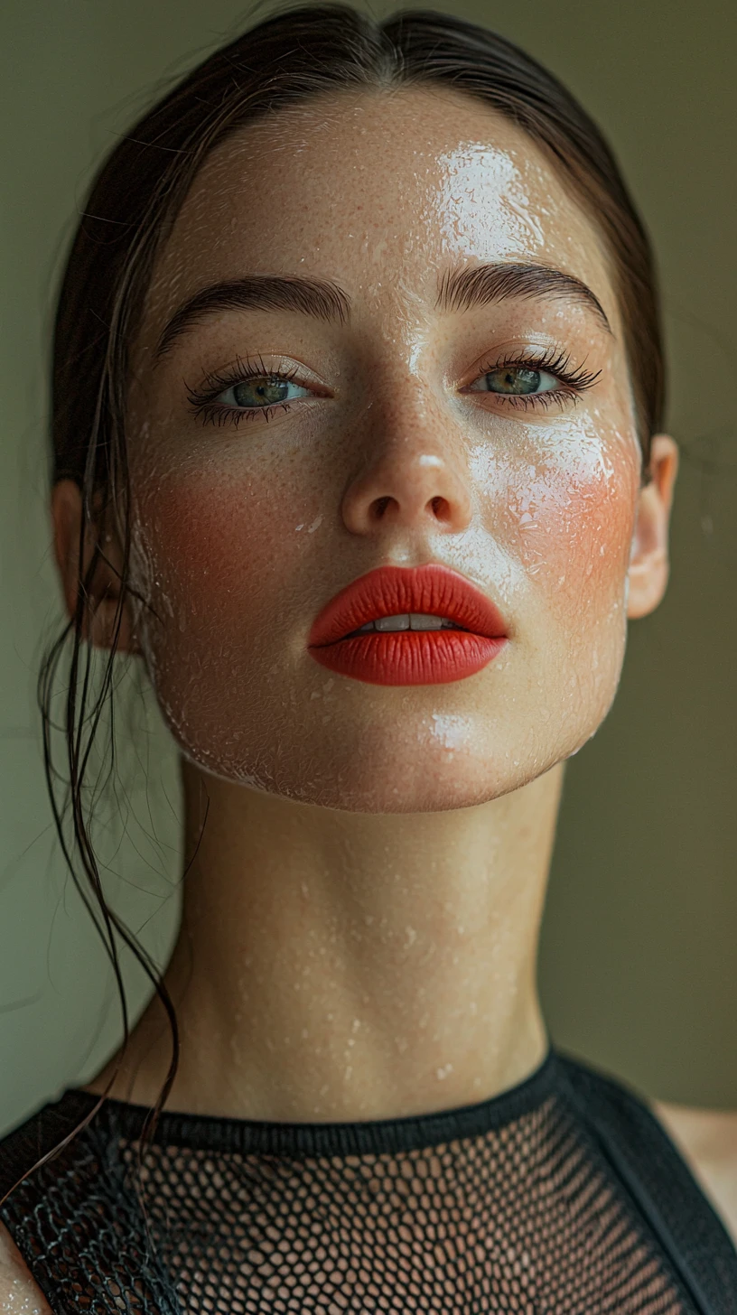 Athletic fashion portrait with slicked hair and bold lip