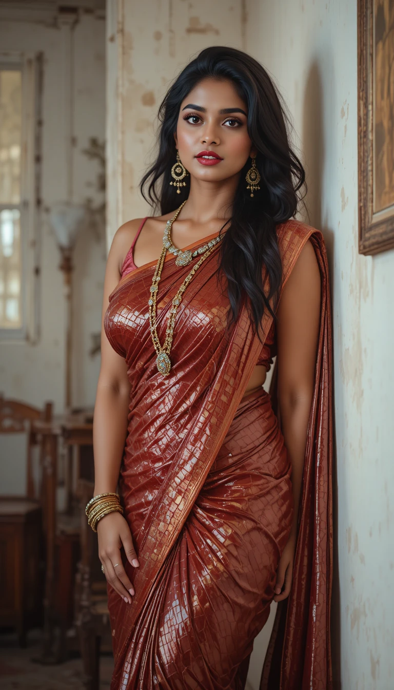 Indian woman in glossy mirror saree bending at the waist