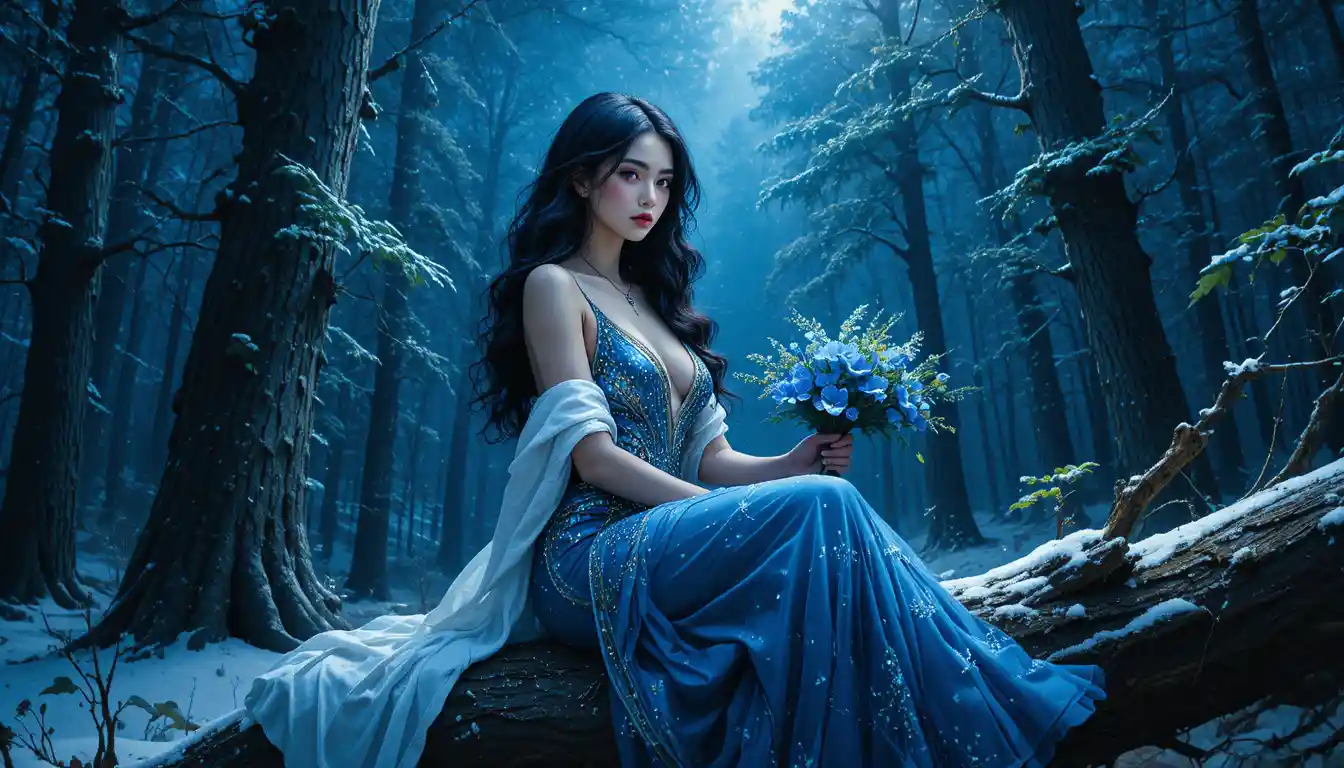 Sensual young woman on mossy log in misty forest
