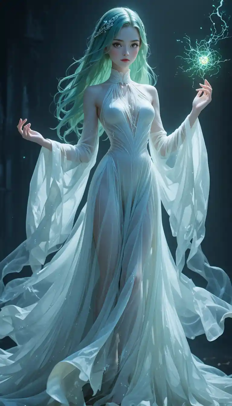 Ethereal anime ghost girl with flowing pale spectral robes