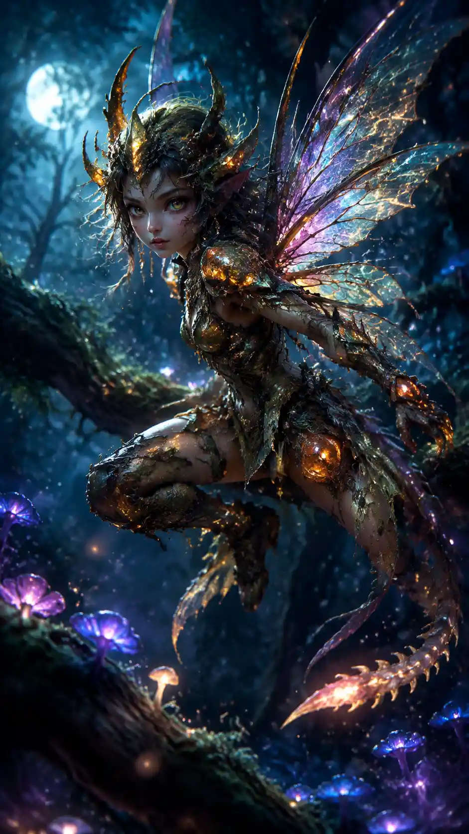 Fairy dragon scout leaping through a moonlit forest