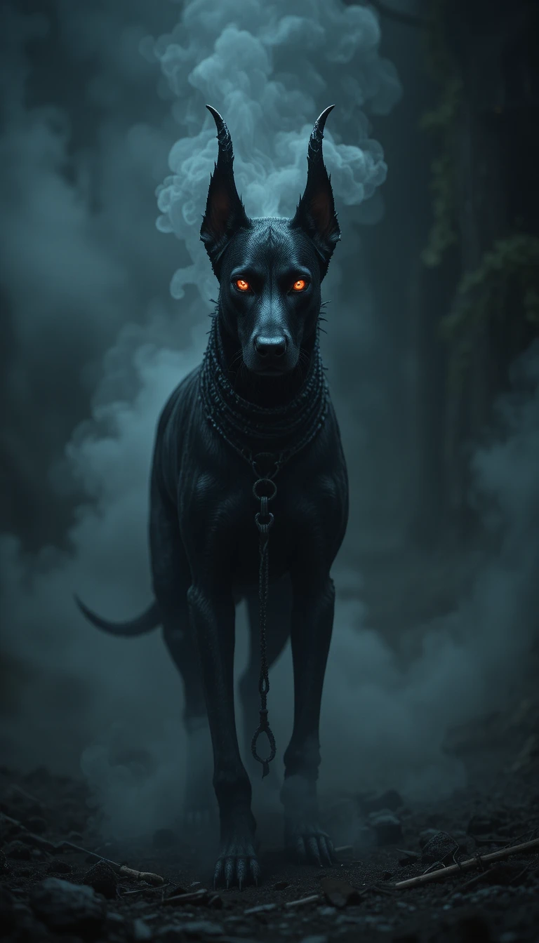 Fiery eyed doberman guardian emerging from swirling smoke