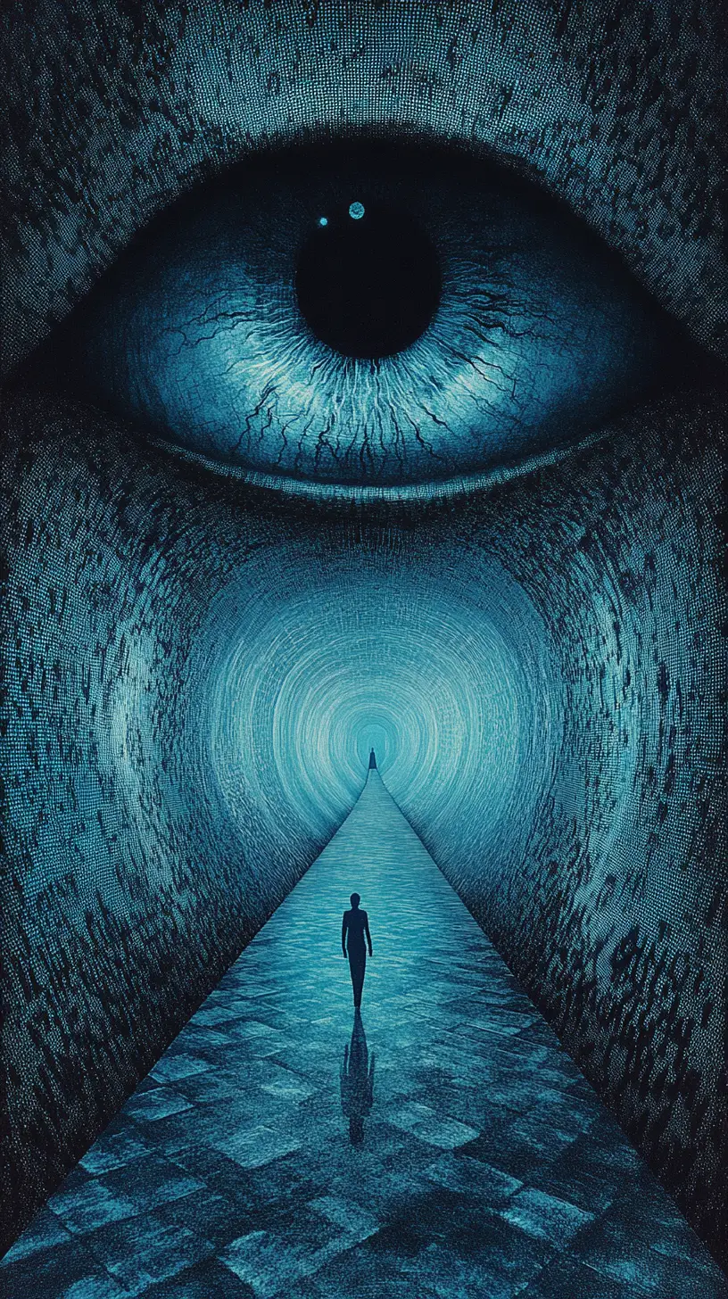 Endless surreal corridor with a glowing eye at distance
