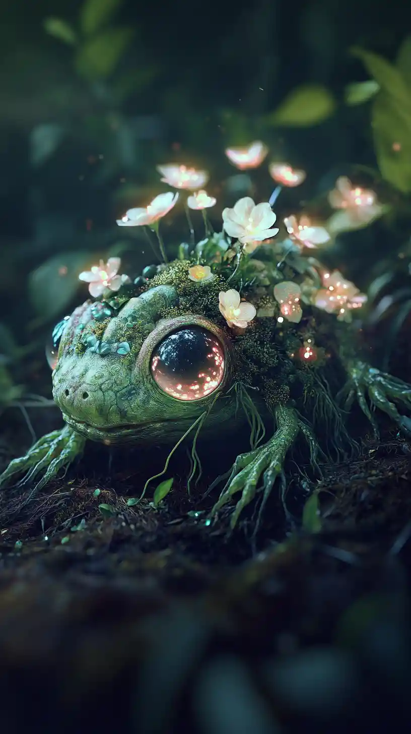 Small forest creature fused with roots and glowing flowers