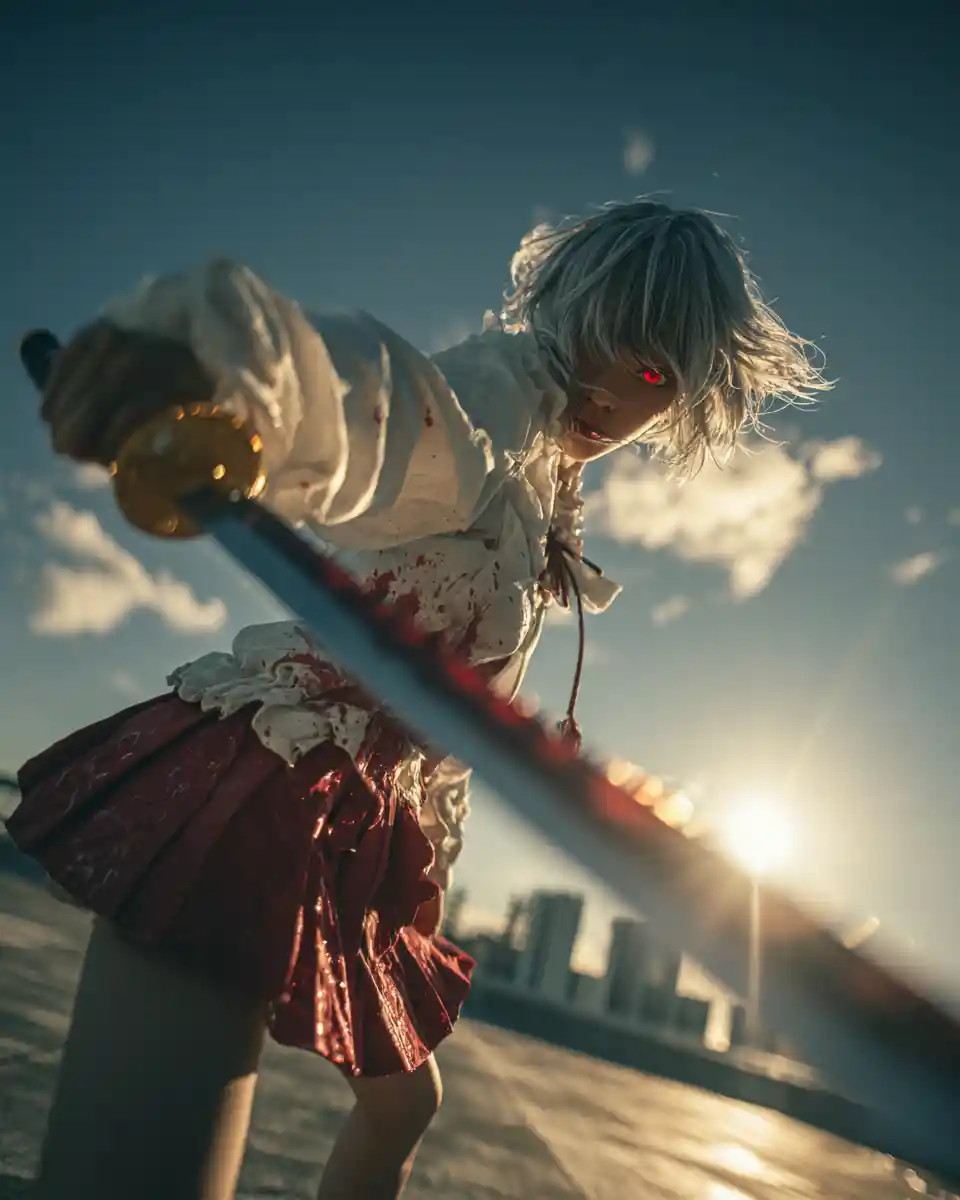 Anime girl with katana on rooftop at dramatic sunset
