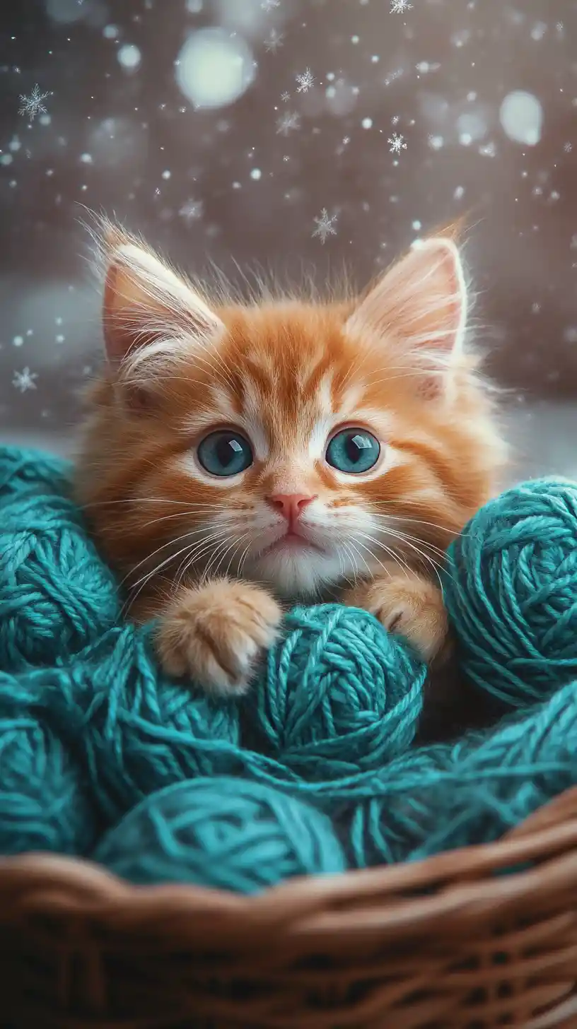 Ginger kitten nestled in teal yarn and knitted blanket