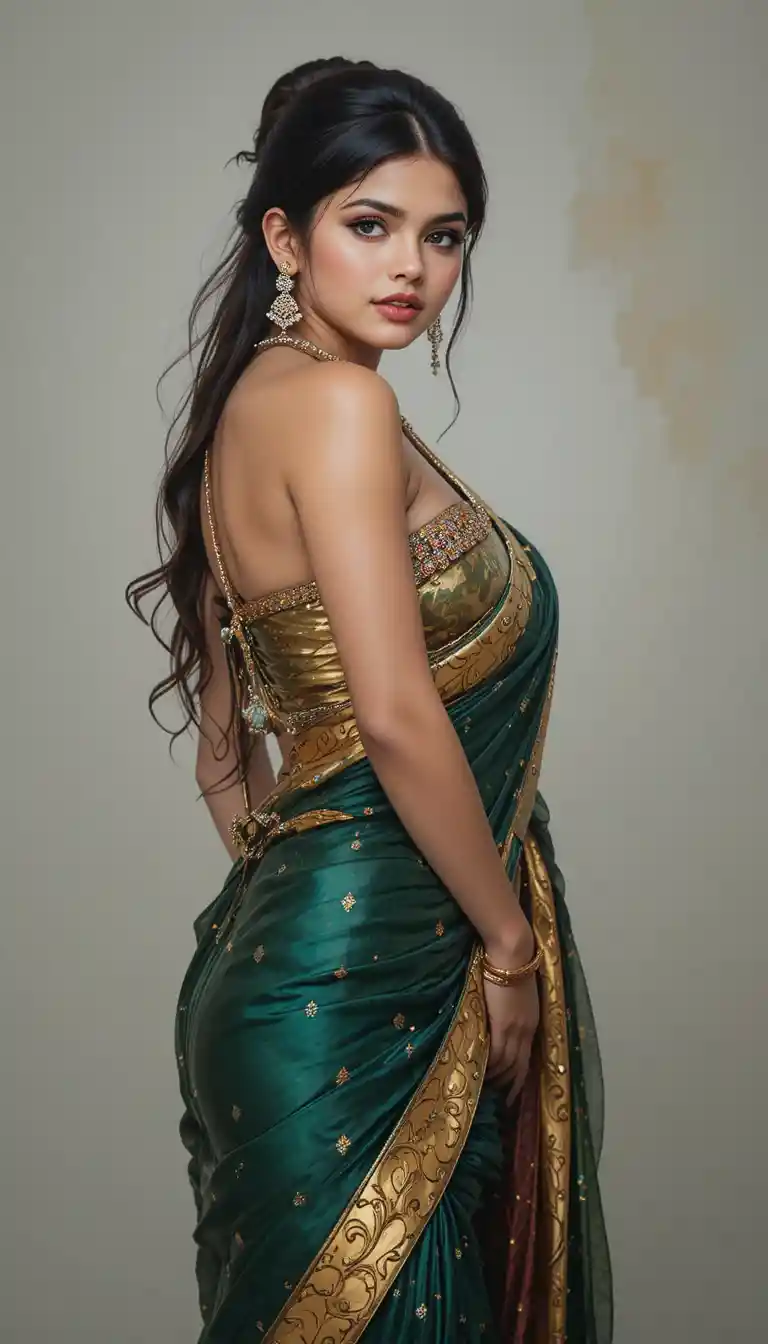 Indian saree fashion woman with visible navel and jewelry