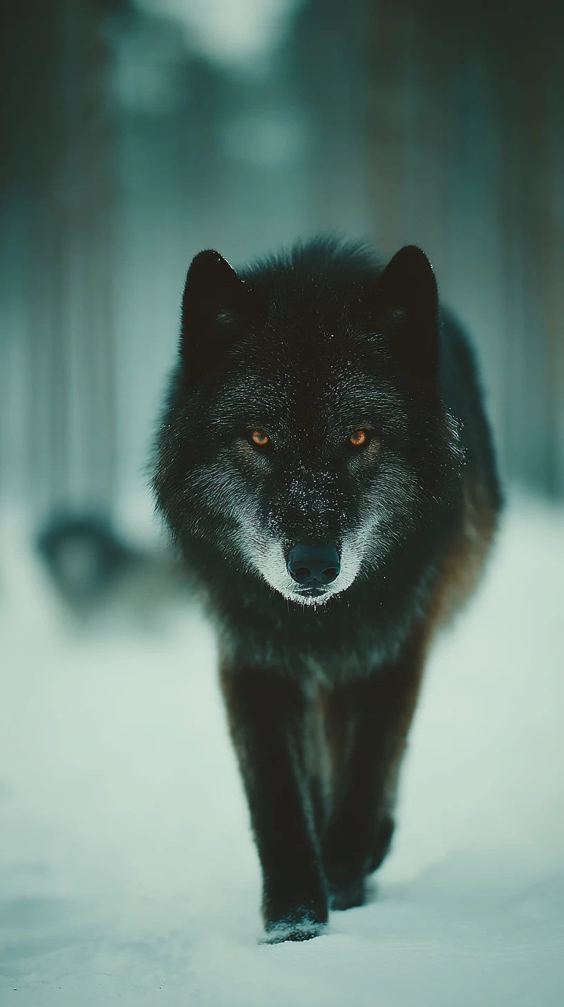 Black wolf walking through snow toward the viewer