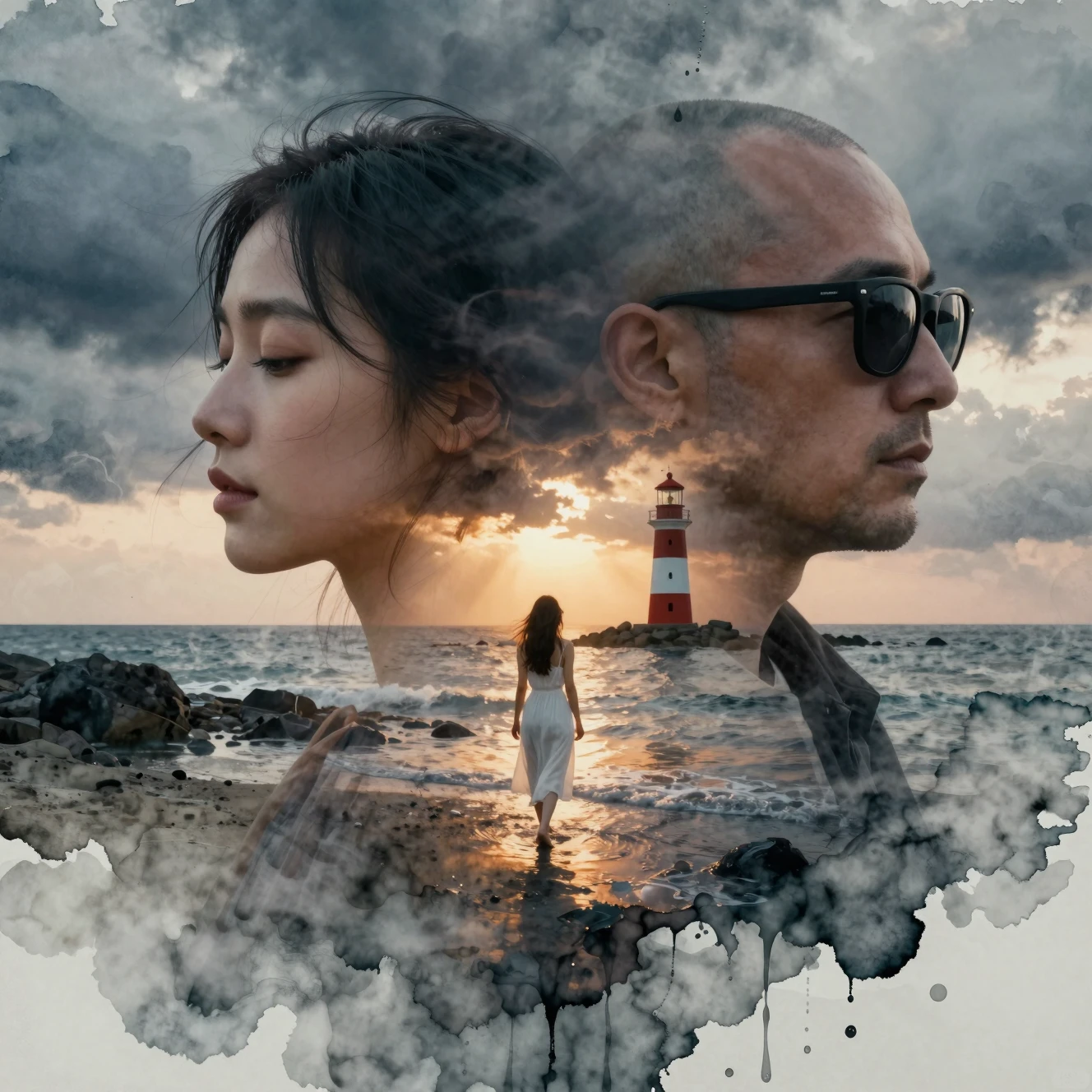 Double exposure portrait with coastal sunset and lighthouse