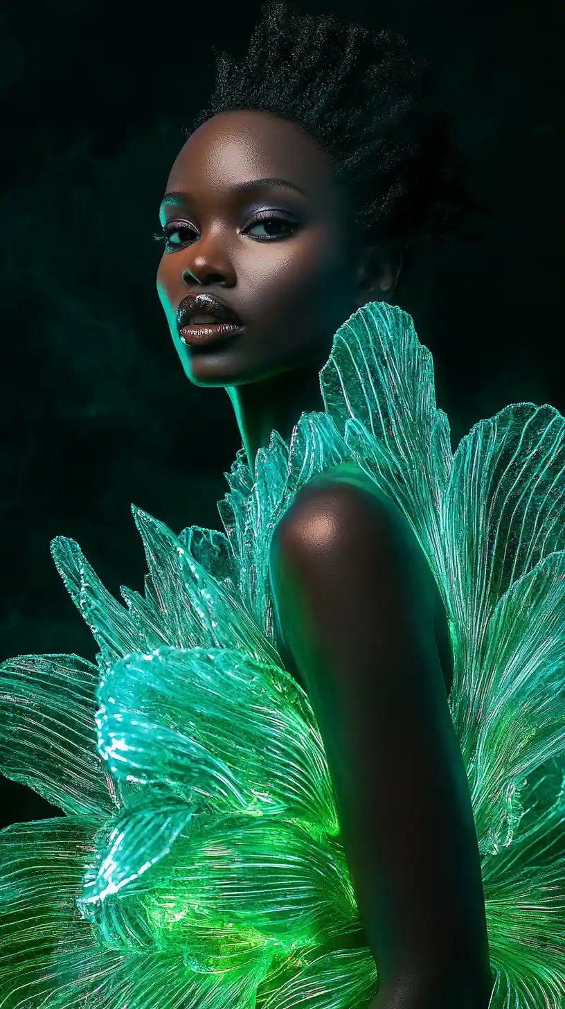 Confident ebony model in avant garde crystalline couture