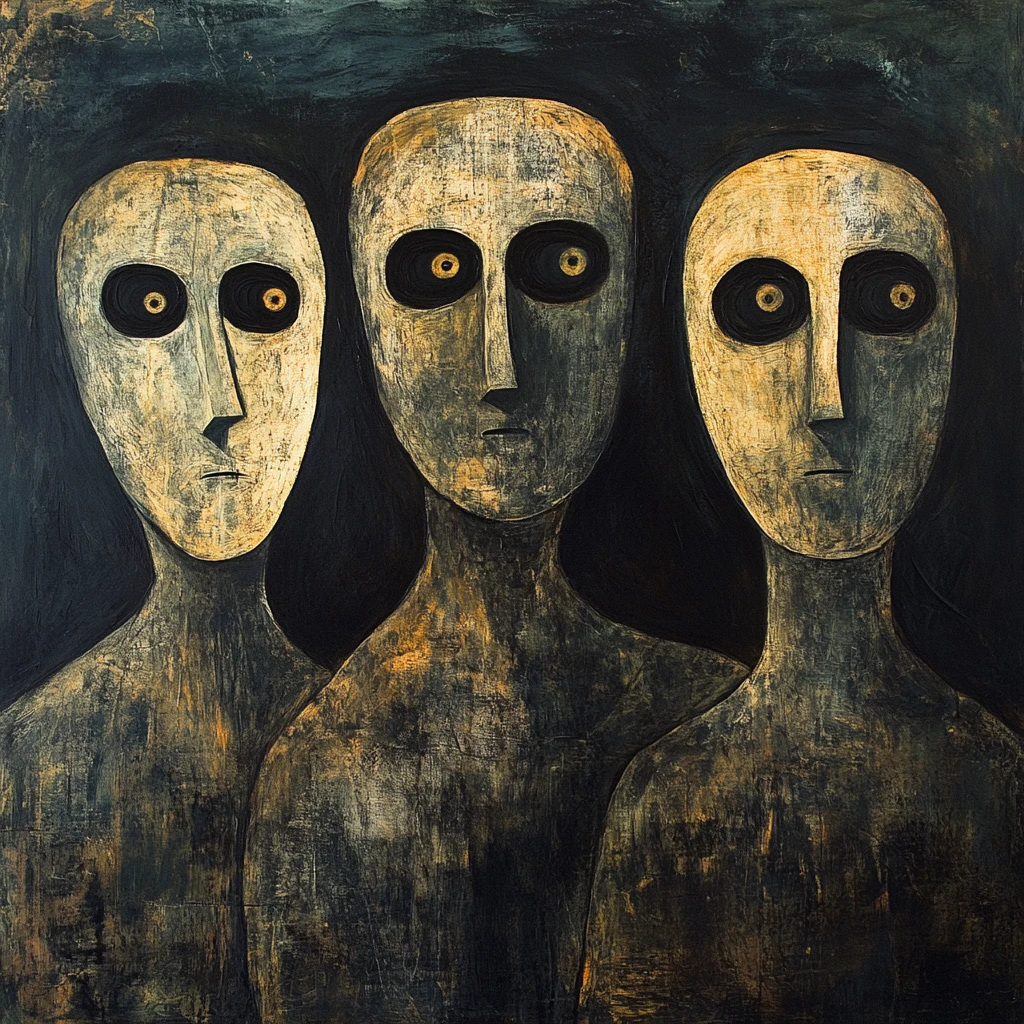 Expressionist family of golem like figures with empty eyes