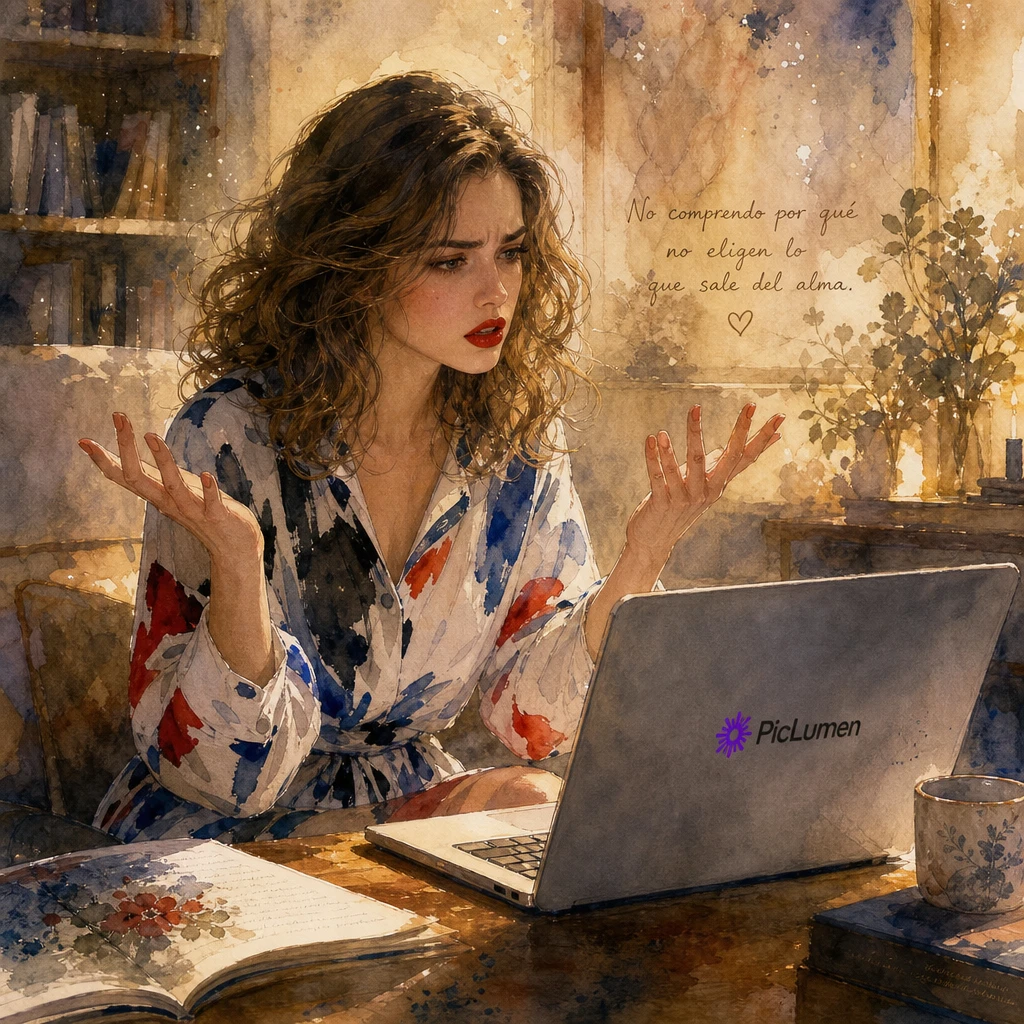 Frustrated woman in watercolor illustration at her laptop